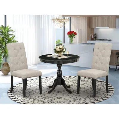 East West Furniture 3 Piece Dining Set Consists Of 1 Modern Dining Table And 2 Doeskin Linen Fabric Dining Chairs Button In Neutral