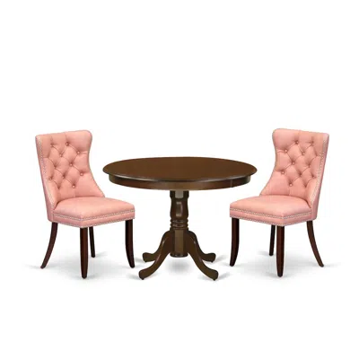 East West Furniture 3 Piece Dining Set Consists Of A Round Kitchen Table With Pedestal In Pink
