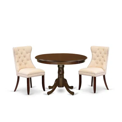 East West Furniture 3 Piece Dining Set Consists Of A Round Kitchen Table With Pedestal