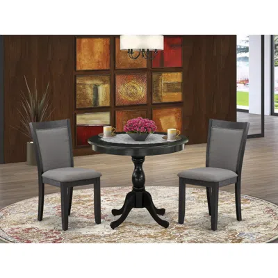 East West Furniture 3-piece Dining Set Consists Of A Round Pedestal Table With Drop Leaves And 2 Dark Gotham Grey Linen 