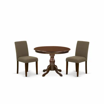 East West Furniture 3 Piece Dining Table Set - Mahogany Dining Table And 2 Coffee Linen Fabric Mid Century Modern Chairs In Multi