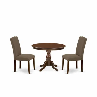 East West Furniture 3 Piece Dining Table Set - Mahogany Dining Table And 2 Dark Coffee Linen Fabric Upholstered Dining C In Brown