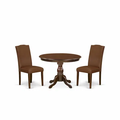 East West Furniture 3 Piece Dining Table Set - Mahogany Wood Table And 2 Brown Faux Leather Chairs For Dining Room