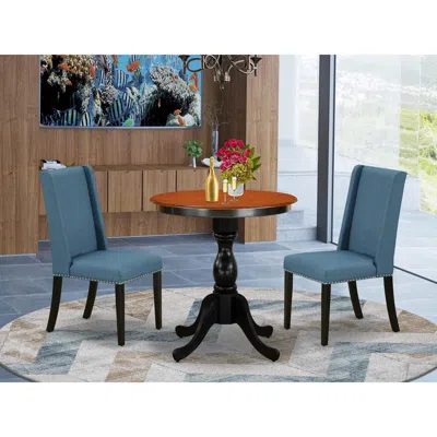 East West Furniture 3-piece Dining Table Set Consist Of Dining Room Table And 2 Blue Linen Fabric Padded Chairs With Sty