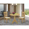 East West Furniture 3 Piece Dining Table Set Contains 1 Round Pedestal Table And 2 Oak Linen Fabric Wooden Kitchen Chair