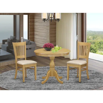 East West Furniture 3 Piece Dining Table Set Contains 1 Round Pedestal Table And 2 Oak Linen Fabric Wooden Kitchen Chair In Neutral