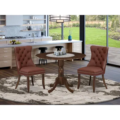 East West Furniture 3 Piece Dining Table Set Contains A Round Kitchen Table With Dropleaf In Brown