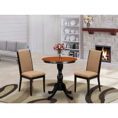 East West Furniture 3-piece Dinner Table Set Include A Wood Table And 2 Light Sable Linen Fabric Padded Chairs With Styl