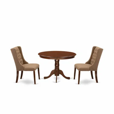 East West Furniture 3-piece Kitchen Dining Room Set Includes 1 Pedestal Dining Table And 2 Light Sable Linen Fabric Kitc In Brown
