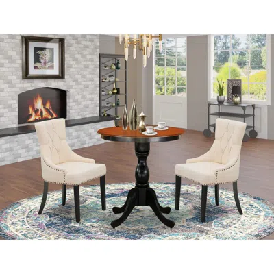 East West Furniture 3-piece Kitchen Dining Table Set Include A Mid Century Dining Table And 2 Light Beige Linen Fabric D In White