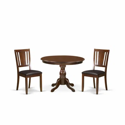 East West Furniture 3 Piece Kitchen Table Set - Mahogany Dining Room Table And 2 Mahogany Faux Leather Comfortable Chair In Brown
