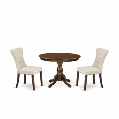 East West Furniture 3 Piece Kitchen Table Set - Mahogany Round Dining Table And 2 Light Beige Linen Fabric Dining Chairs In Brown