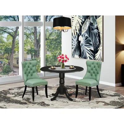 East West Furniture 3 Piece Kitchen Table Set Consists Of A Round Dining Table With Dropleaf In Black