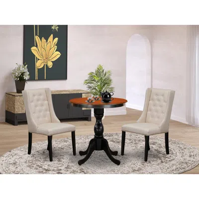 East West Furniture 3-piece Mid Century Dining Set Consist Of Dining Table And 2 Cream Linen Fabric Parson Chairs With B In Brown