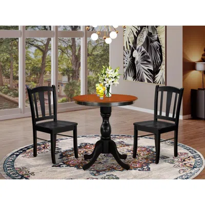 East West Furniture 3-piece Mid Century Dining Set Consist Of Round Table And 2 Wooden Chairs With Slatted Back - Black 