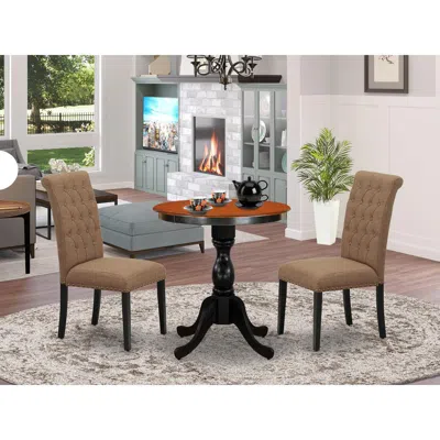 East West Furniture 3-piece Mid Century Dining Set Include A Dining Table And 2 Light Sable Linen Fabric Padded Chairs W In Brown