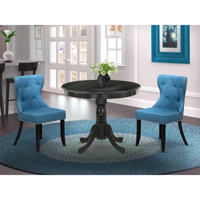 East West Furniture 3-piece Mid Century Modern Dining Set-a Wooden Table And 2 Linen Fabric Modern Dining Chairs With Bu In Black