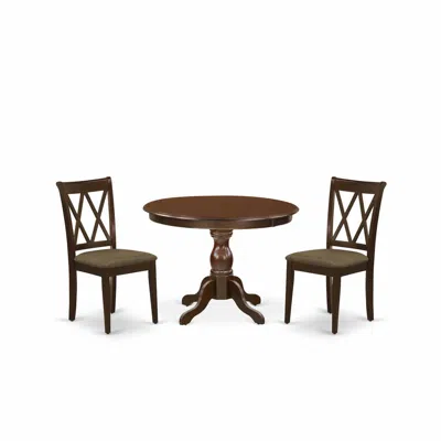 East West Furniture 3 Piece Modern Dining Table Set - Mahogany Wood Table And 2 Mahogany Linen Fabric Kitchen Chairs In Brown
