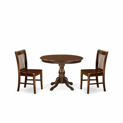 East West Furniture 3 Piece Modern Dining Table Set - Small Kitchen Table And 2 Mahogany Wooden Kitchen & Dining Room Ch In Brown