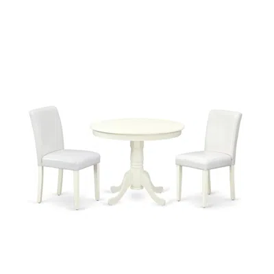 East West Furniture 3 Piece Modern Dining Table Set Contains A Round Kitchen Table With Pedestal And 2 White Faux Leathe In Blue