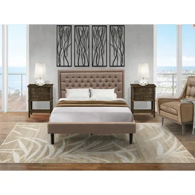 East West Furniture 3 Piece Queen Bed Set - 1 Queen Bed Frame Brown Linen Fabric Padded And Button Tufted Headboard With