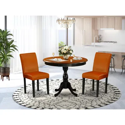 East West Furniture 3-piece Round Dining Table Set Contains A Dining Table And 2 Baked Bean Pu Leather Mid Century Dinin In Orange