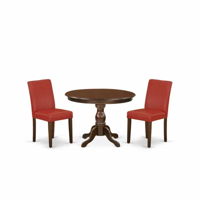 East West Furniture 3 Piece Table And Chairs Dining Set - Mahogany Dinner Table And 2 Firebrick Red Pu Leather Mid Centu In Multi