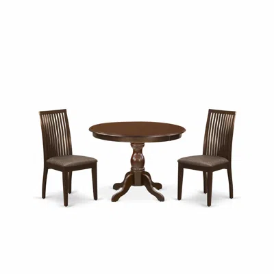 East West Furniture 3 Piece Table And Chairs Dining Set - Mahogany Wood Dining Table And 2 Mahogany Linen Fabric Chairs  In Brown