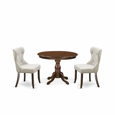 East West Furniture 3 Piece Table Set - Mahogany Wood Table And 2 Doeskin Linen Fabric Kitchen Chairs Button Tufted Back In Multi