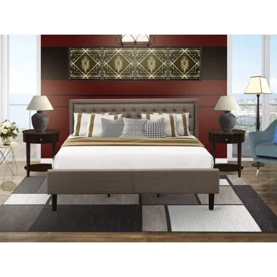East West Furniture 3 Piece Wooden Bedroom Set - 1 Bed Frame Brown Linen Fabric Padded And Button Tufted Headboard - 2 N