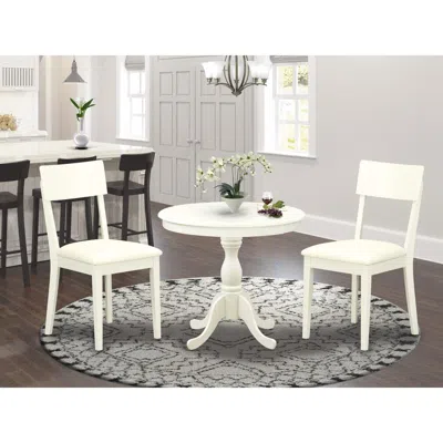 EAST WEST FURNITURE 3 PIECE WOODEN DINING TABLE SET INCLUDES 1 DINNER TABLE AND 2 LINEN WHITE FAUX LEATHER DINING CHAIRS
