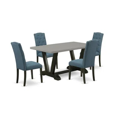 East West Furniture 5-pc Dinette Room Set - 4 Padded Parson Chairs And 1 Modern Rectangular Cement Kitchen Table With Bu In Blue