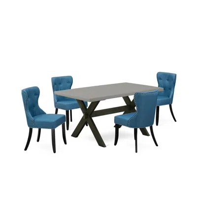 East West Furniture 5-pc Dinette Room Set- 4 Kitchen Parson Chairs With Blue Linen Fabric Seat And Button Tufted Chair B