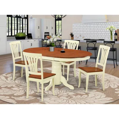East West Furniture 5 Pc Dinette Table With Leaf And 4 Wood Seat Chairs In Buttermilk And Cherry.