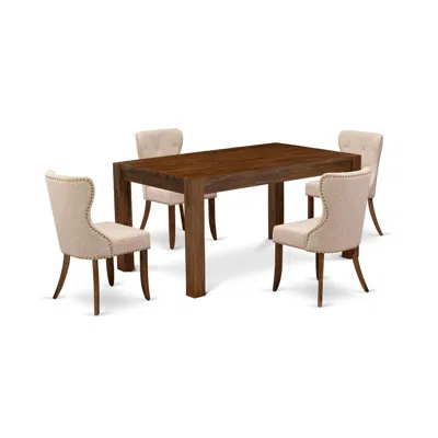 East West Furniture 5-pc Dining Room Table Set- 4 Parson Dining Chairs With Light Tan Linen Fabric Seat And Button Tufte In Multi
