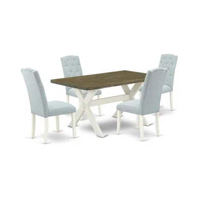 East West Furniture 5-pc Dining Table Set- 4 Dining Padded Chairs With Baby Blue Linen Fabric Seat And Button Tufted Cha In Multi