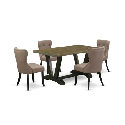 East West Furniture 5-pc Dining Table Set- 4 Parson Dining Chairs With Coffee Linen Fabric Seat And Button Tufted Chair  In Brown