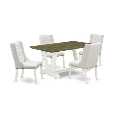 East West Furniture 5-pc Dining Table Set Contains 4 White Pu Leather Upholstered Dining Chairs Button Tufted With Nailh