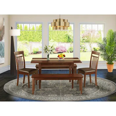 East West Furniture 5 Pc Kitchen Set-table With Leaf Plus 2 Kitchen Chairs And 2 Benches In Brown