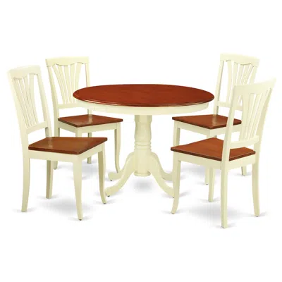 East West Furniture 5 Pc Set With A Round Dinette Table And 4 Leather Kitchen Chairs In Buttermilk And Cherry .
