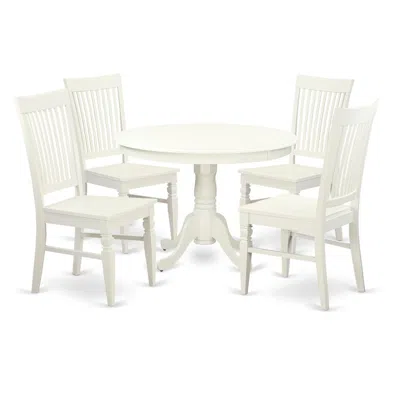 East West Furniture 5 Pc Set With A Round Dinette Table And 4 Wood Dinette Chairs In Linen White