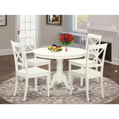 East West Furniture 5 Pc Set With A Round Dinette Table And 4 Wood Dinette Chairs In Linen White In Blue