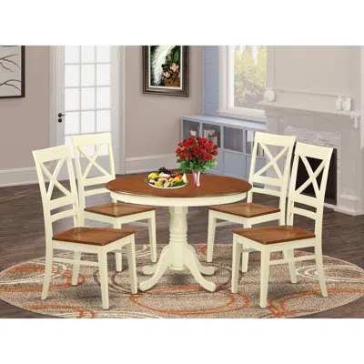 East West Furniture 5 Pc Set With A Round Table And 4 Leather Kitchen Chairs In Buttermilk And Cherry . In Brown