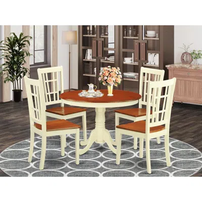East West Furniture 5 Pc Set With A Round Table And 4 Leather Kitchen Chairs In Buttermilk And Cherry . In Brown