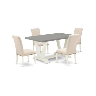 East West Furniture 5-pc Stylish Dining Room Table Set A Cement Color Modern Dining Table Top And 4 Lovely Linen Fabric  In Multi