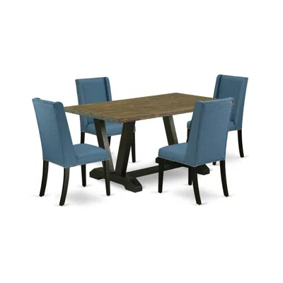 East West Furniture 5-piece Amazing Dining Set A Great Distressed Jacobean Dining Table Top And 4 Gorgeous Linen Fabric  In Multi