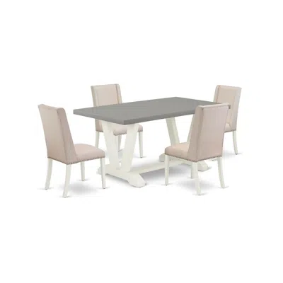 East West Furniture 5-piece Beautiful A Good Cement Color Kitchen Table Top And 4 Lovely Linen Fabric Solid Wood Leg Cha In Neutral