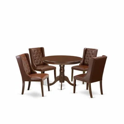 East West Furniture 5-piece Dinette Room Set Includes 1 Modern Round Dining Table And 4 Brown Linen Fabric Mid Century D