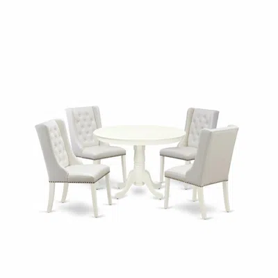 East West Furniture 5-piece Dinette Room Set Includes 1 Pedestal Dining Room Table And 4 Light Grey Linen Fabric Kitchen In Neutral
