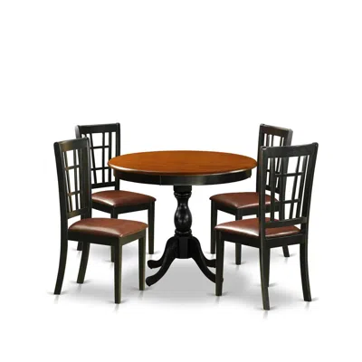 East West Furniture 5-piece Dinette Set Consisting Of A Wood Table And 4 Faux Leather Dinner Chairs With Slatted Back- B In Brown